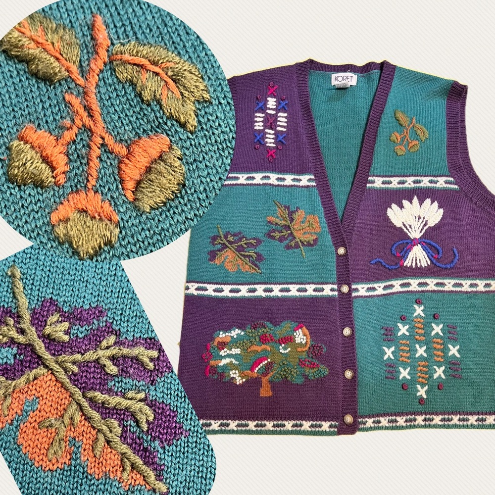 VINTAGE fall harvest sweater vest‎ cardigan oak leaf wheat apple tree acorn knit